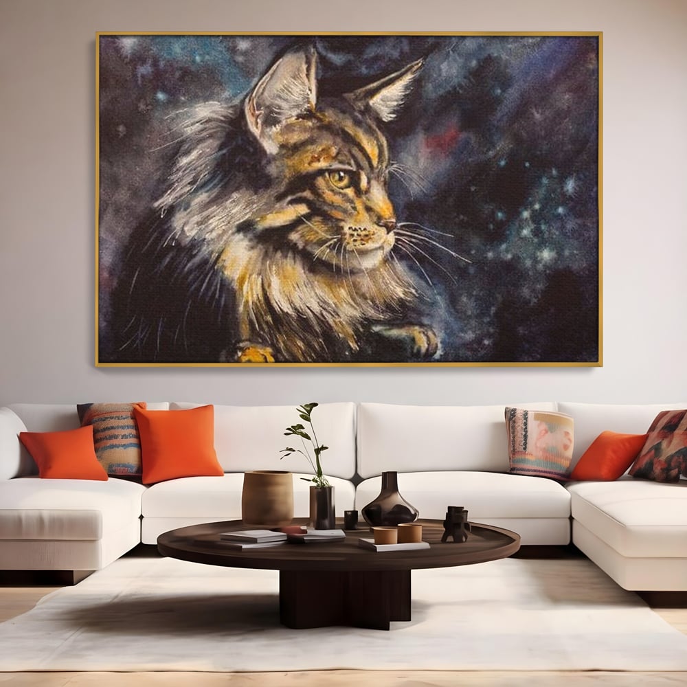 Tablou canvas cu tablou canvas cu pisica in galaxie, in rama de aluminiu auriu, pe perete intr-un living